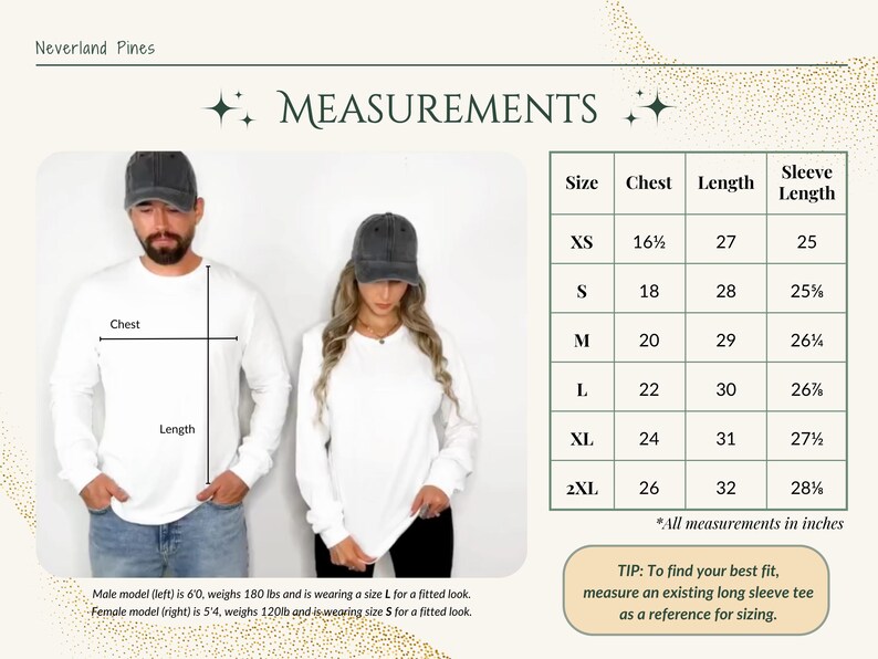 K&ouml;nnte beinhalten: Gr&ouml;&szlig;entabelle f&uuml;r ein Langarmshirt mit Ma&szlig;en in Zoll f&uuml;r Brustumfang, L&auml;nge und &Auml;rmell&auml;nge. Die Gr&ouml;&szlig;en umfassen XS, S, M, L, XL und 2XL. Die Tabelle enth&auml;lt einen Tipp, um ein vorhandenes Langarmshirt zur Gr&ouml;&szlig;enbestimmung zu messen.