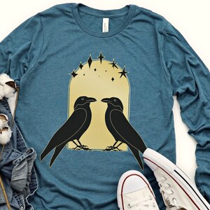 Witchy Occult Raven Long Sleeve Shirt • Celestial Goth Forest Witch Tee • Minimalist Nature Crow Tshirt • Gothic Animal Gift for Bird Lovers