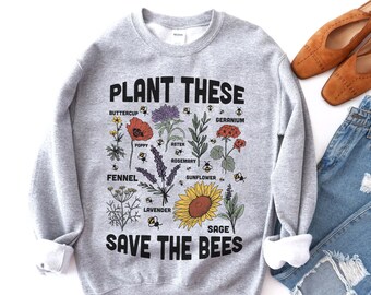Save the Bumble Bees Sweater • Naturecore Wildflower Crewneck • Cottagecore Pollinator Garden Pullover • Granola Girl Earth Day Sweatshirt