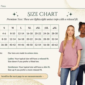 May include: Size chart for premium unisex tees with a relaxed fit. The chart includes US, UK, and EU sizes, ranging from S to 4XL. A woman in a mauve tee and a man in a gray tee are shown. The text says the tees are lightweight.