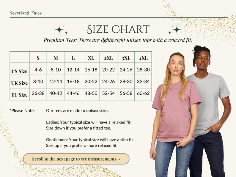 May include: Size chart for premium unisex tees with a relaxed fit. The chart includes US, UK, and EU sizes, ranging from S to 4XL. A woman in a mauve tee and a man in a gray tee are shown. The text says the tees are lightweight.