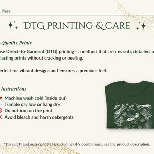 May include: A dark green t-shirt with a white insect and plant design. The image also includes care instructions and information about DTG printing. The text reads "Neverland Pines" at the top.