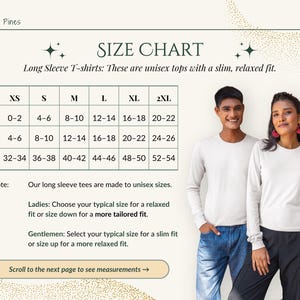 May include: Size chart for unisex long-sleeve t-shirts. The chart shows sizes in US, UK, and EU sizes. The chart also includes a note that the shirts are made to unisex sizes and provides sizing advice for both women and men.
