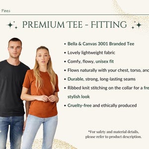 May include: A man and woman model a black and rust-colored t-shirt. The image includes text that reads "PREMIUM TEE - FITTING" and lists features like lightweight fabric, unisex fit, and durable seams. The brand name "Neverland Pines" is at the top.
