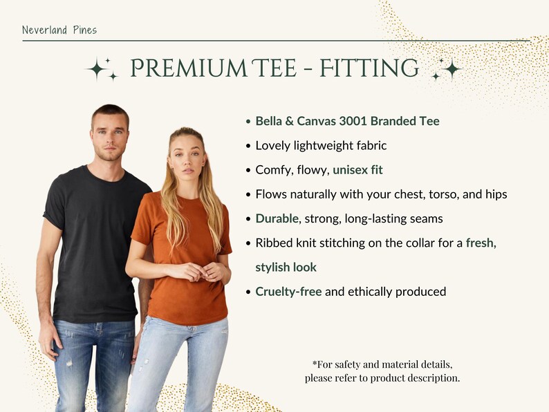 May include: A man and woman model a black and rust-colored t-shirt. The image includes text that reads "PREMIUM TEE - FITTING" and lists features like lightweight fabric, unisex fit, and durable seams. The brand name "Neverland Pines" is at the top.