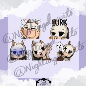 Puede incluir: Cuatro pegatinas digitales que muestran un animal de dibujos animados con diferentes expresiones. El animal lleva una máscara y tiene orejas grandes. Las pegatinas incluyen el texto "Lurk" y otros gráficos de celebración.