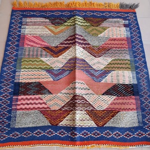 Unique Square Blue & Pink Moroccan 100% Wool Kilim