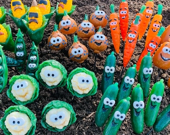 Vegetable Tags/labels/sign/markers. Vegetable friends! Sculptures of fruit and veg for your potager. Fun 3D handmade Veg Patch Pals!