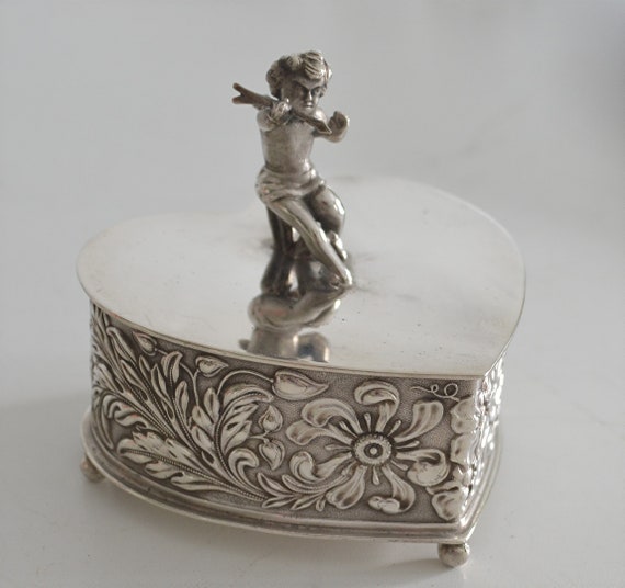 Antique Silver Heart Cupid Trinket Box