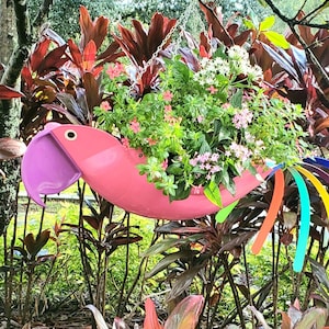 Pink Parrot Hanging Planter: Recyclable Plastic with Colorful Tail Feathers