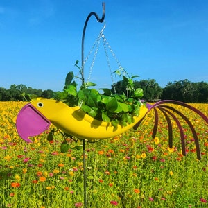 May include: A yellow bird-shaped planter with a purple beak hangs from a metal chain in a field of yellow and orange flowers. The planter is filled with green plants.