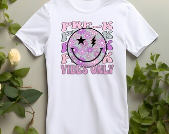 Pre-K Lavender Boho Retro School T-Shirts for Girls, Smiley Vibes Only Tee, Back to School Premium Quality Tees for Girls