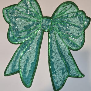 Large Teal Sequin or Chenille Bow Patches, Iron On Bow for Jackets, Backpacks, Dance & Cheer, DIY Patch