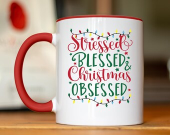 Stressed and Blessed White Coffee Mug With Colored Inside & Handle, Premium Quality Gift Idea