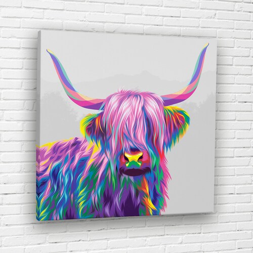 Colourful Highland Cow Wall Art Canvas Print UK Modern Etsy UK