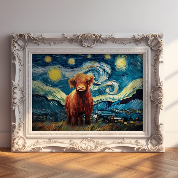 Starry Night Highland Cow, Van Gogh Style | Wall Art Decor | Poster | Modern |A5, A4, A3, A2, 8"x10",12"x16", 16"x20"