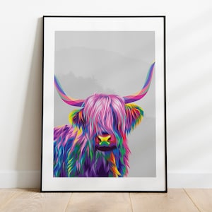 Colourful Highland Cow Print| Modern Wall Art Decor | Poster | Scottish Highlands | UK |A5, A4, A3, A2, 8&quot;x10&quot;,12&quot;x16&quot;, 16&quot;x20&quot;