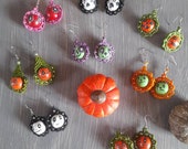 Macramé earrings and painted wooden pearl Halloween pumpkin ghost skull
