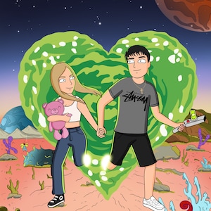 Amor caprichoso de Rick Portal: retrato de dibujos animados personalizado para una aventura romántica de ciencia ficción. ¡Oferta del día de San Valentín!