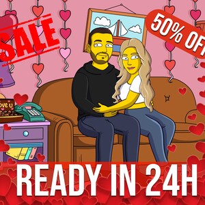 Custom Yellow Character Cartoon Portrait - Personalized Artwork - Unique Gift Idea - Family Portrait - Valentines Day Couple Gift