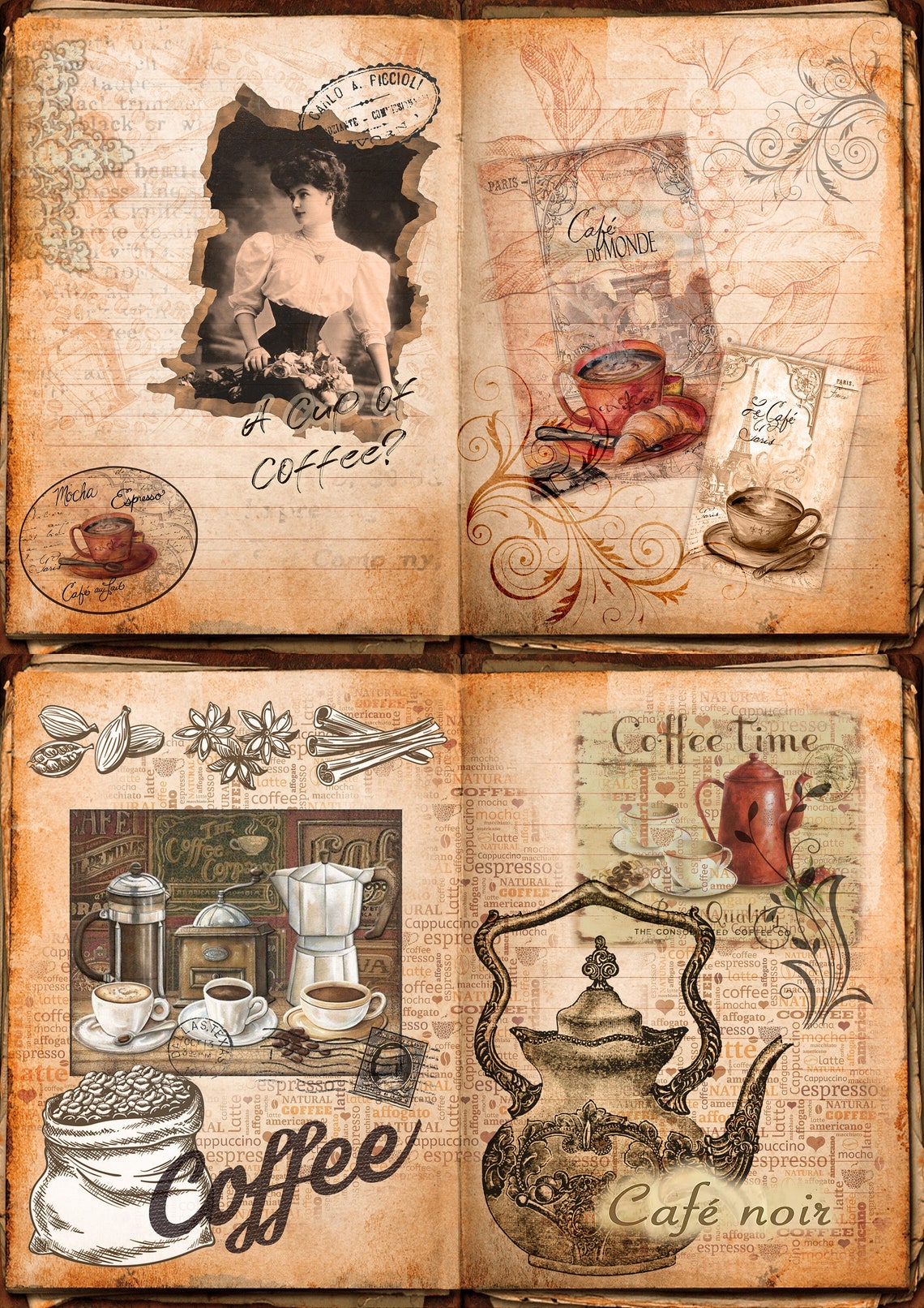 Coffee junk journal double pages printable kit 12 pages | Etsy