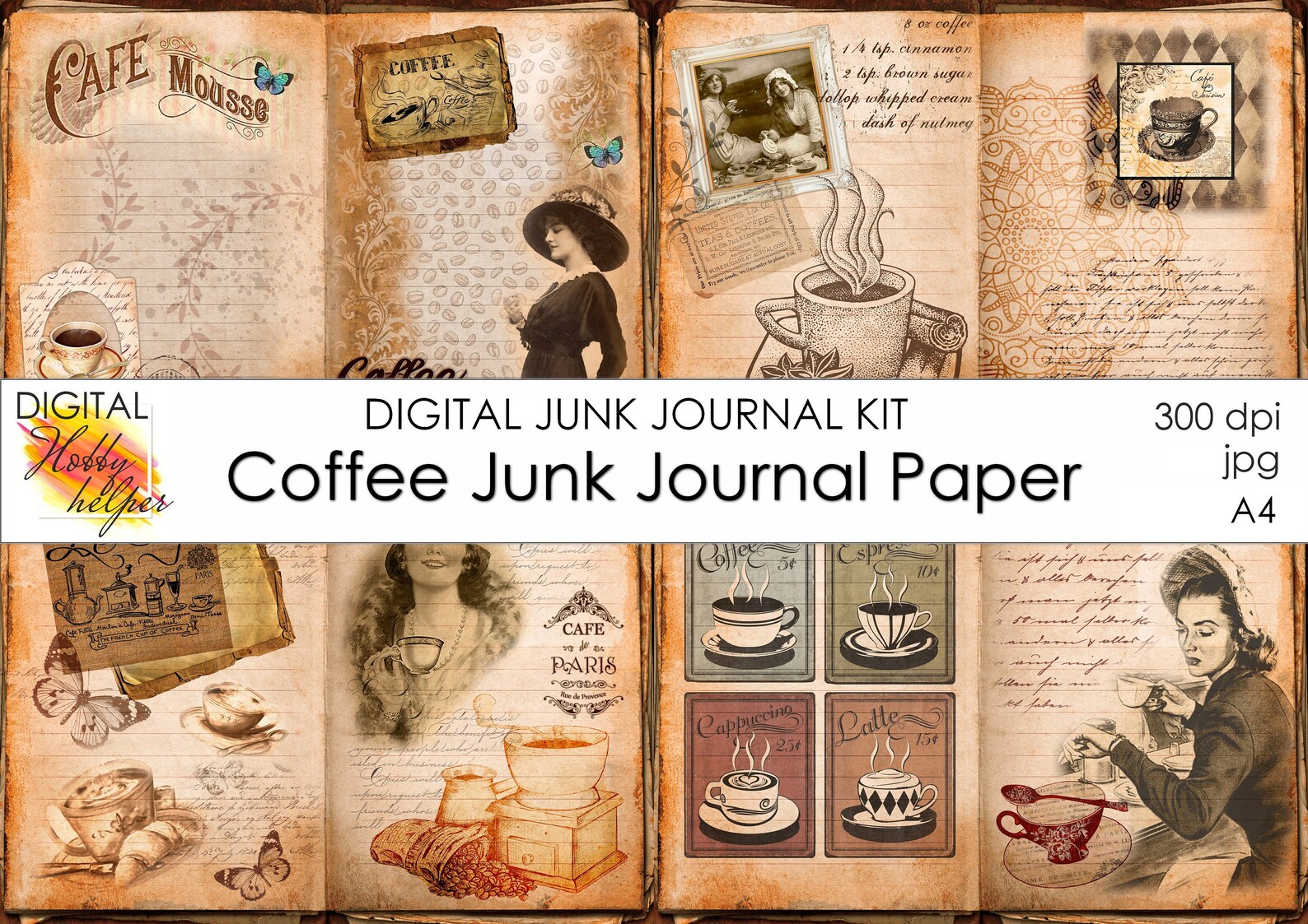 Coffee junk journal double pages printable kit 12 pages | Etsy