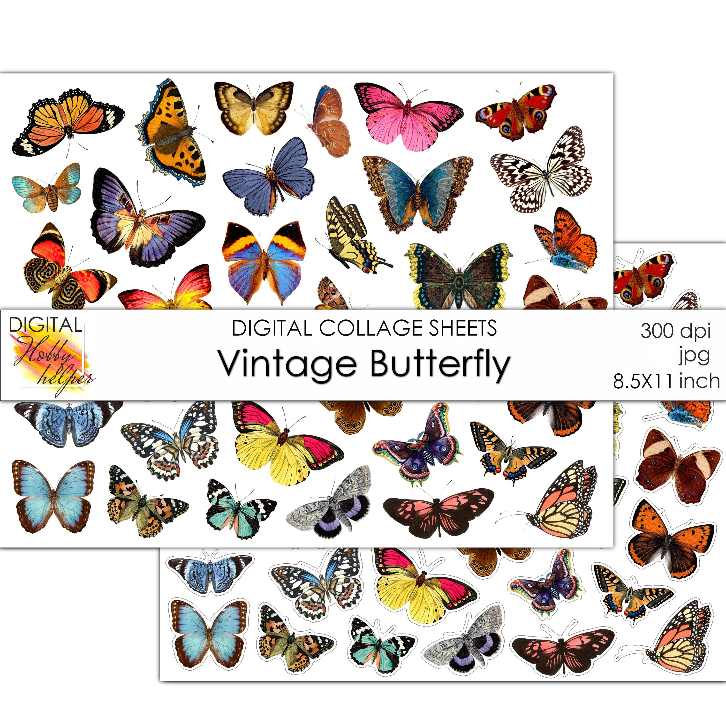 vintage butterfly printable stickers pack digital collage etsy