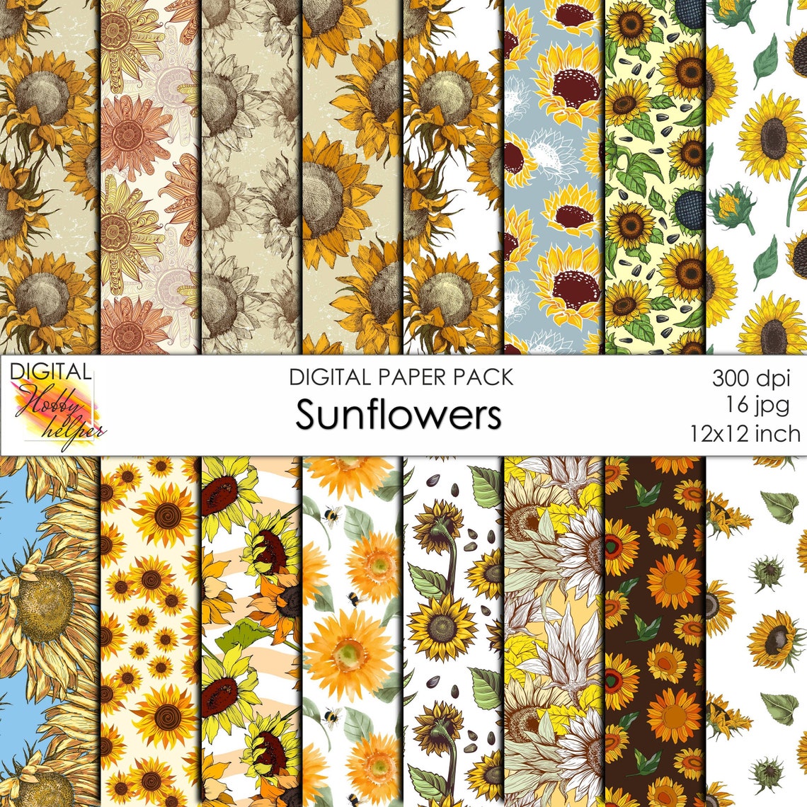 Sunflowers digital paper pack 16 printable scrapbooking papers | Etsy