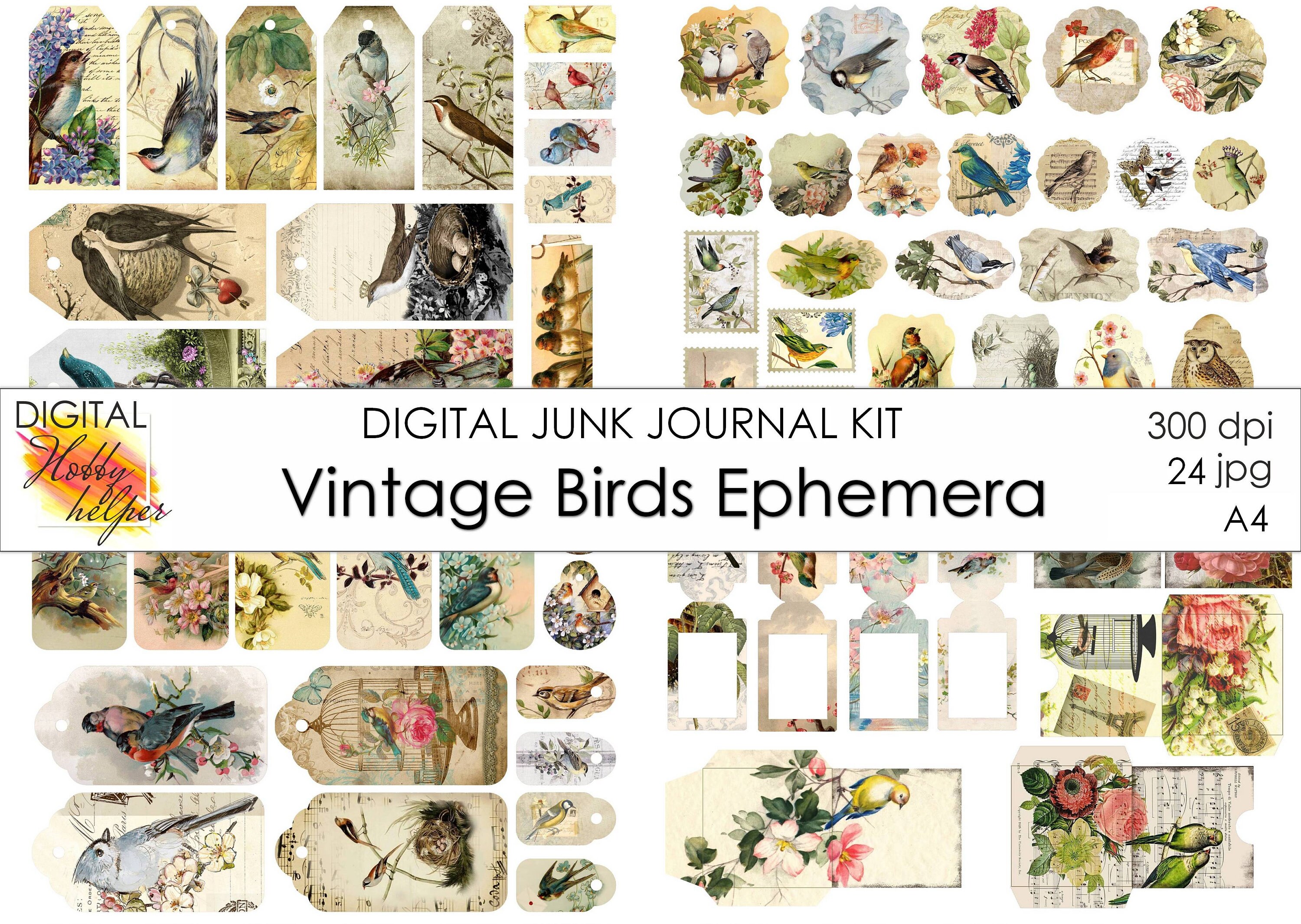 Vintage birds junk journal printable ephemera pack 6 pages