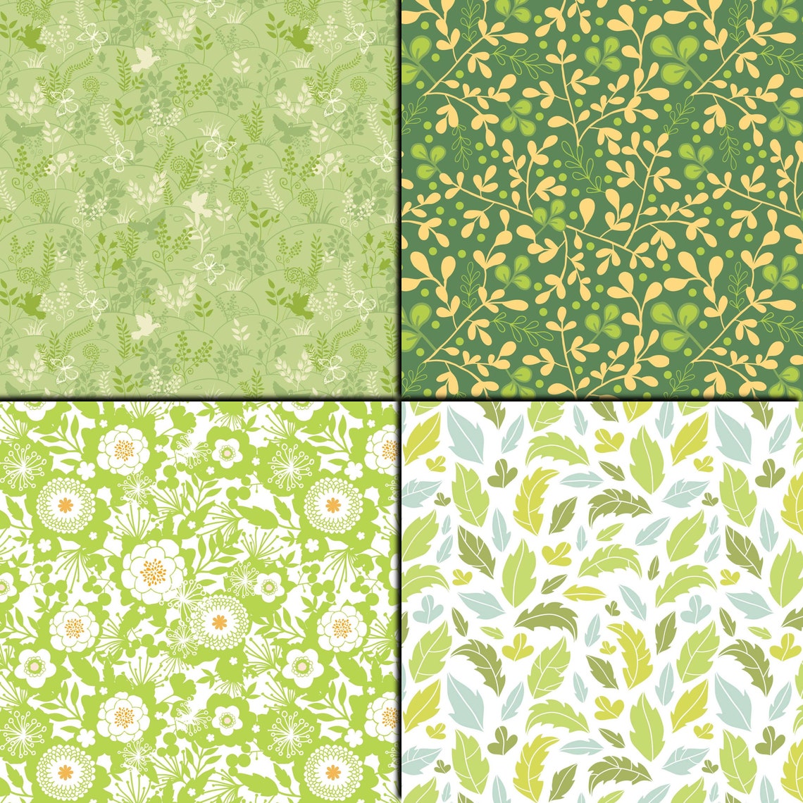 Green floral digital paper pack 16 printable scrapbooking | Etsy