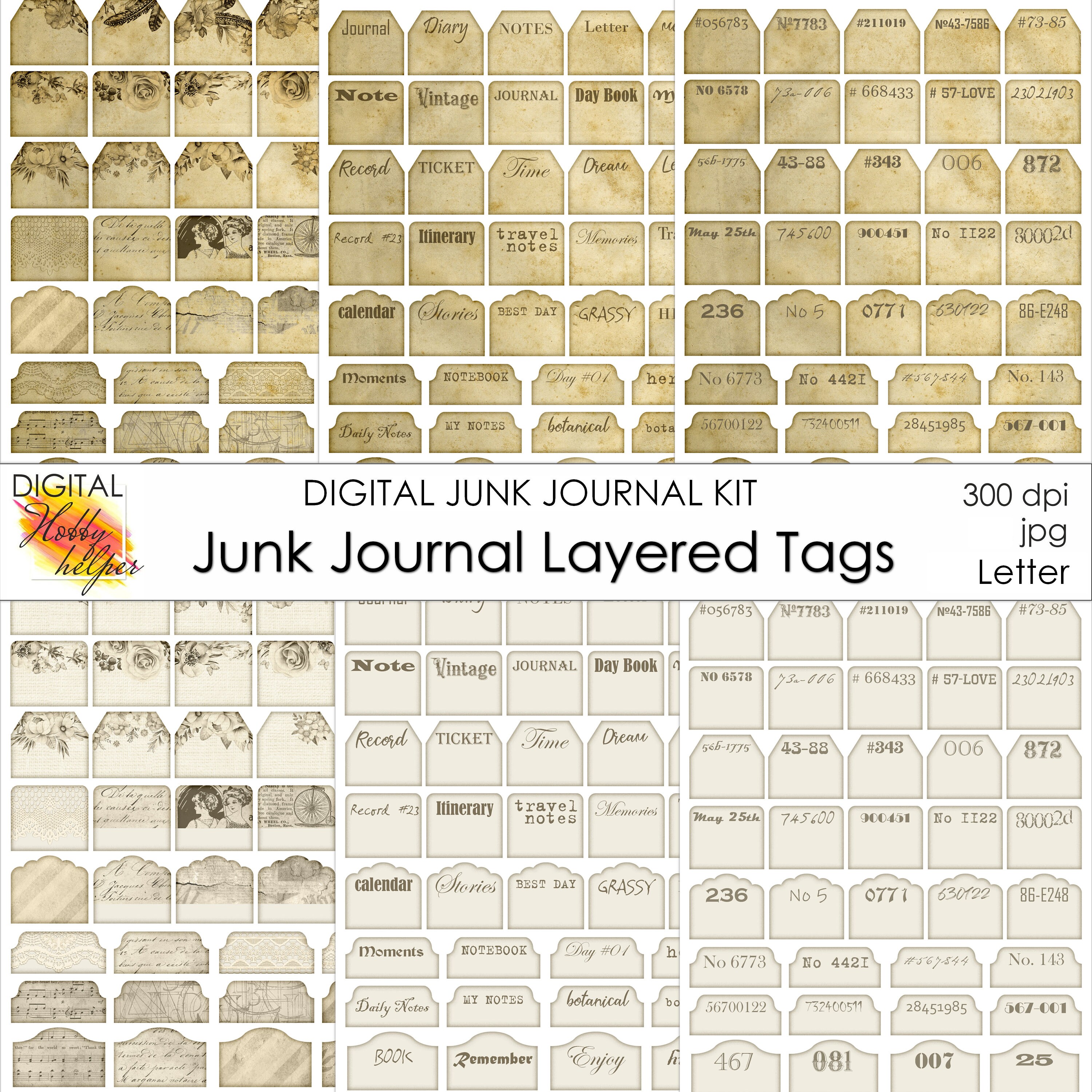 Vintage junk journal tags printable 6 pages Layered tags | Etsy