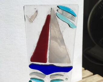 Beautiful vibrant fused glass sail boat picture in a lovely wooden stand