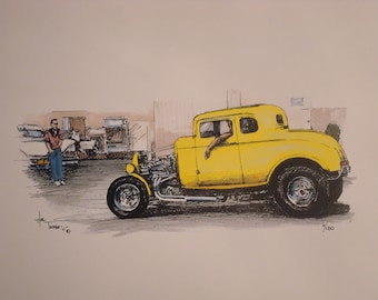 Impresiones artísticas de American Graffiti Coupe, obra de arte, pintura original del artista californiano de decoración de pared Hal Tacker, enmarcada y enmarañada en vidrio