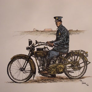 Trooper on Harley Pen and ink with watercolor wash print fine art prints artwork original paintings by California artist wall décor