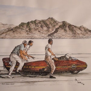 Film indien le plus rapide du monde, oeuvre d'art, cadeau, Marais salants de Bonneville, Utah, impression d'art, course de speedway, impression d'art encadrée avec passe-partout, sports mécaniques.