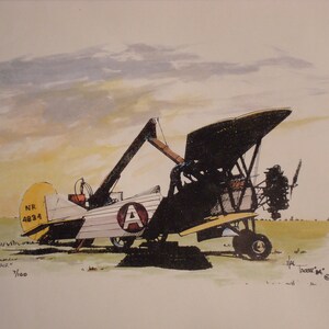 May include: A watercolor painting of a vintage biplane with a yellow and white paint scheme. The plane has a large "A" on the side and the registration number "NR 4834" on the tail. The plane is sitting on a grassy field with a cloudy sky in the background.