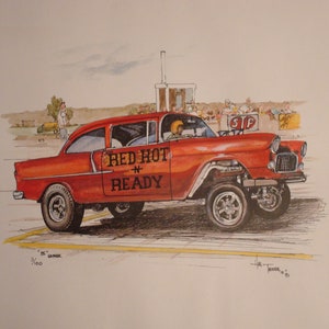 1955 Chevy Gasser Framed and matted in glass, ready to hang, fine art prints artwork original paintings by California artist wall décor
