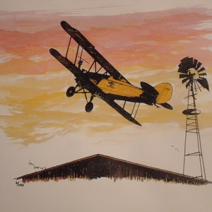 May include: A yellow and black biplane flies over a farm scene with a windmill in the background. The sky is a watercolor wash of pink and orange.
