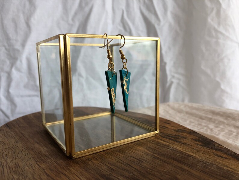 Blue and Gold Triangular Dangle Clay Earrings