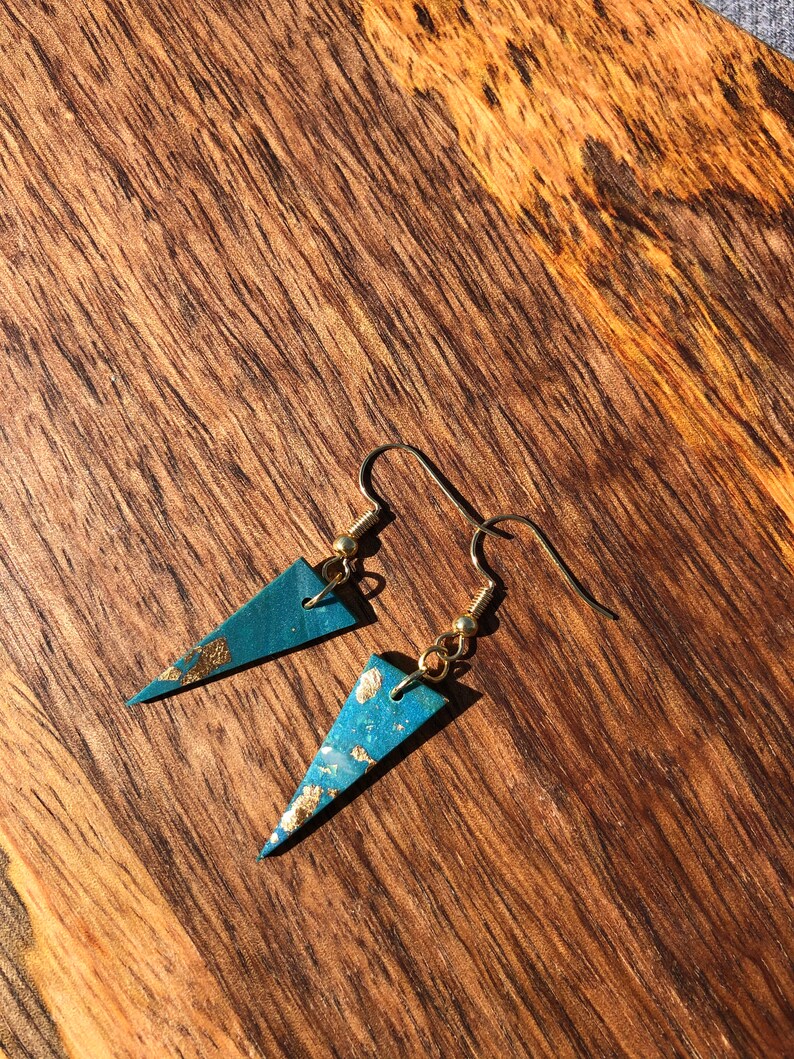 Blue and Gold Triangular Dangle Clay Earrings