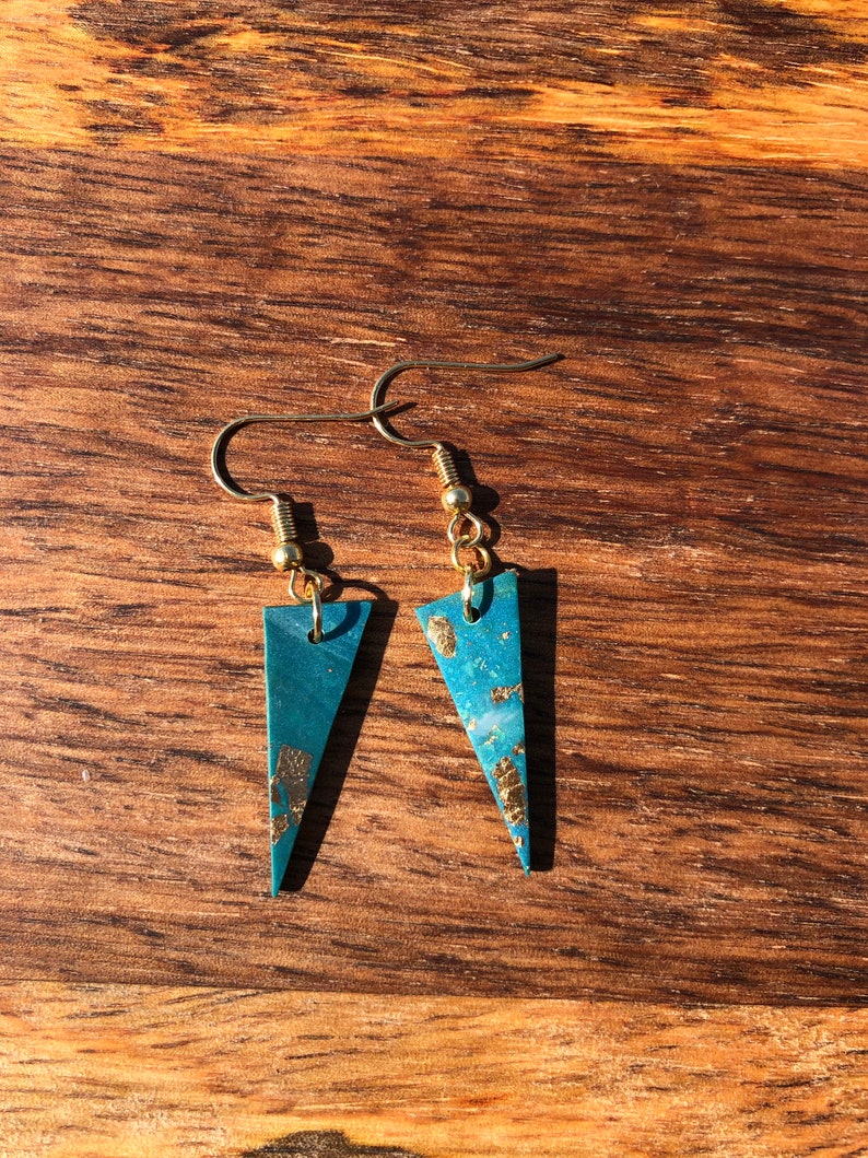 Blue and Gold Triangular Dangle Clay Earrings
