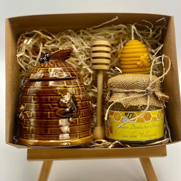 Honig Geschenkbox, Echter deutscher Honig, Honiglöffel, Vintage Honigtöpfchen