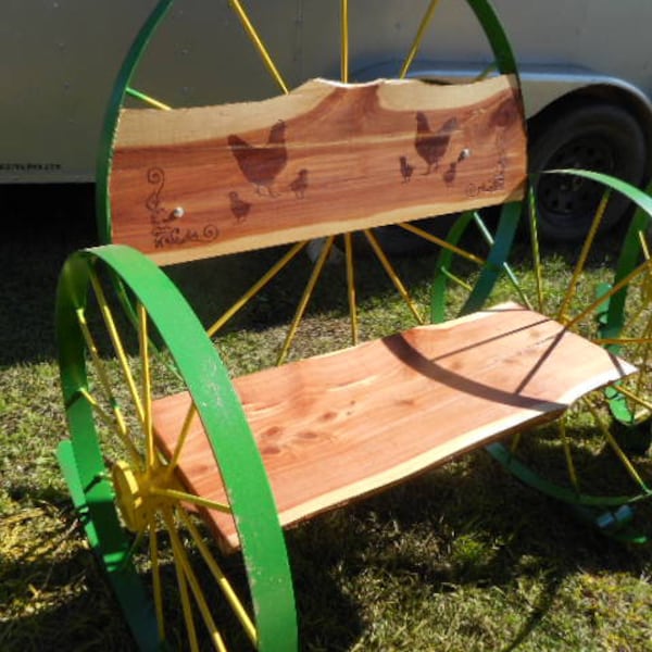36" seat double wagon wheel rocker.  John Deere green. Rustic art outdoor furniture