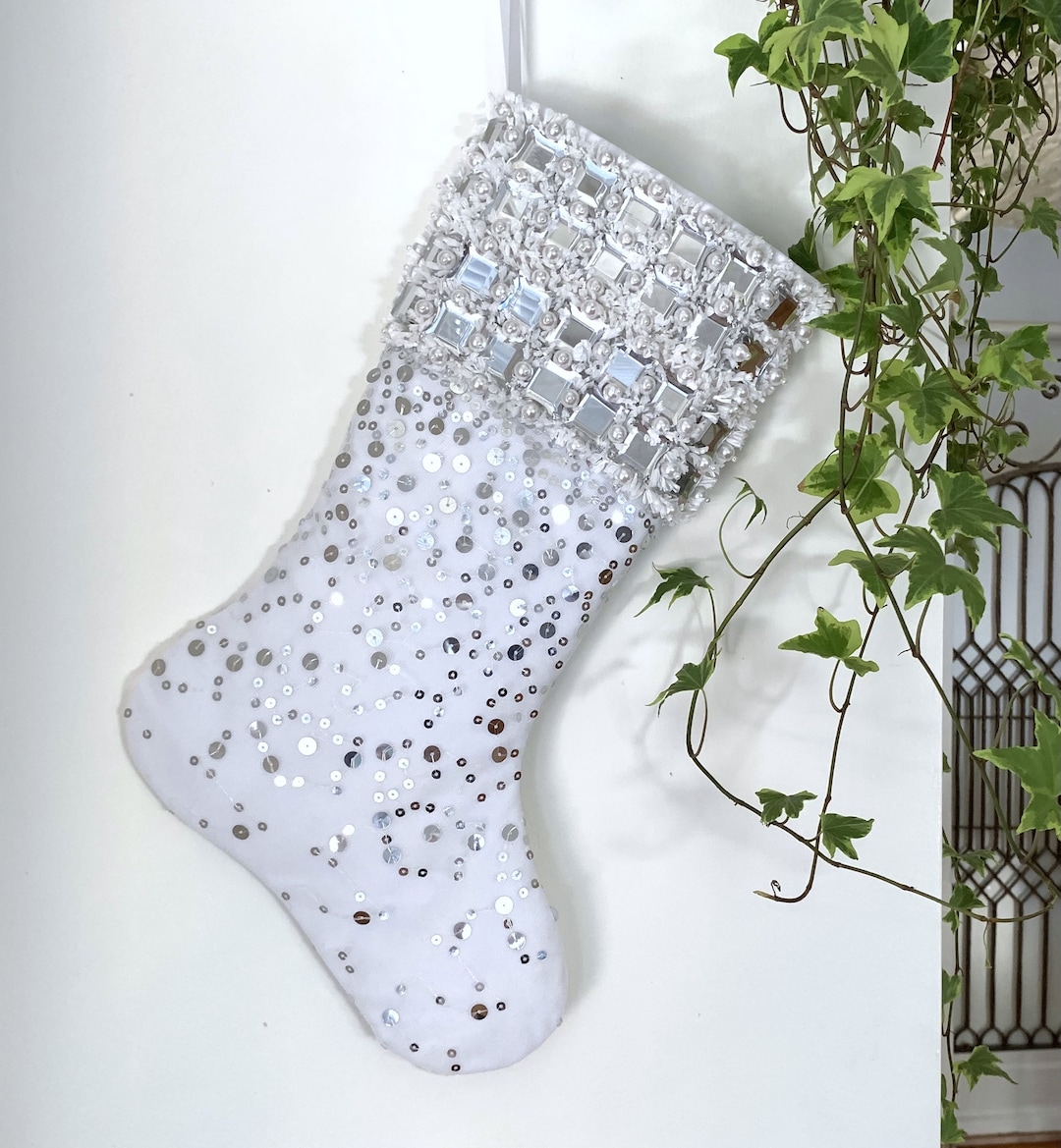 White Luxury Christmas Stockings, Unique Handmade Christmas Stockings