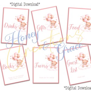 Baby Shower Signs, Pink Bear, Balloons, Baby Girl Baby Shower, Baby Bear, Printables, Digital Download
