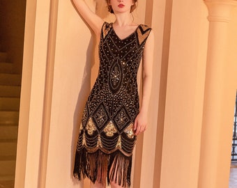 Women's 1920s V Neck Beaded Fringed Flapper Dress Gatsby Theme Roaring 20s Dresses