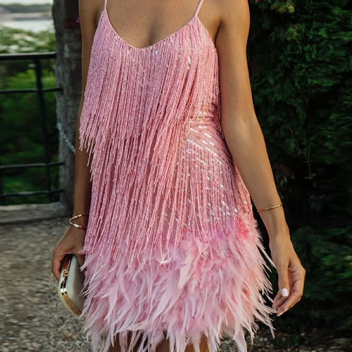 Womens Feather V-neck Fringe Dress 