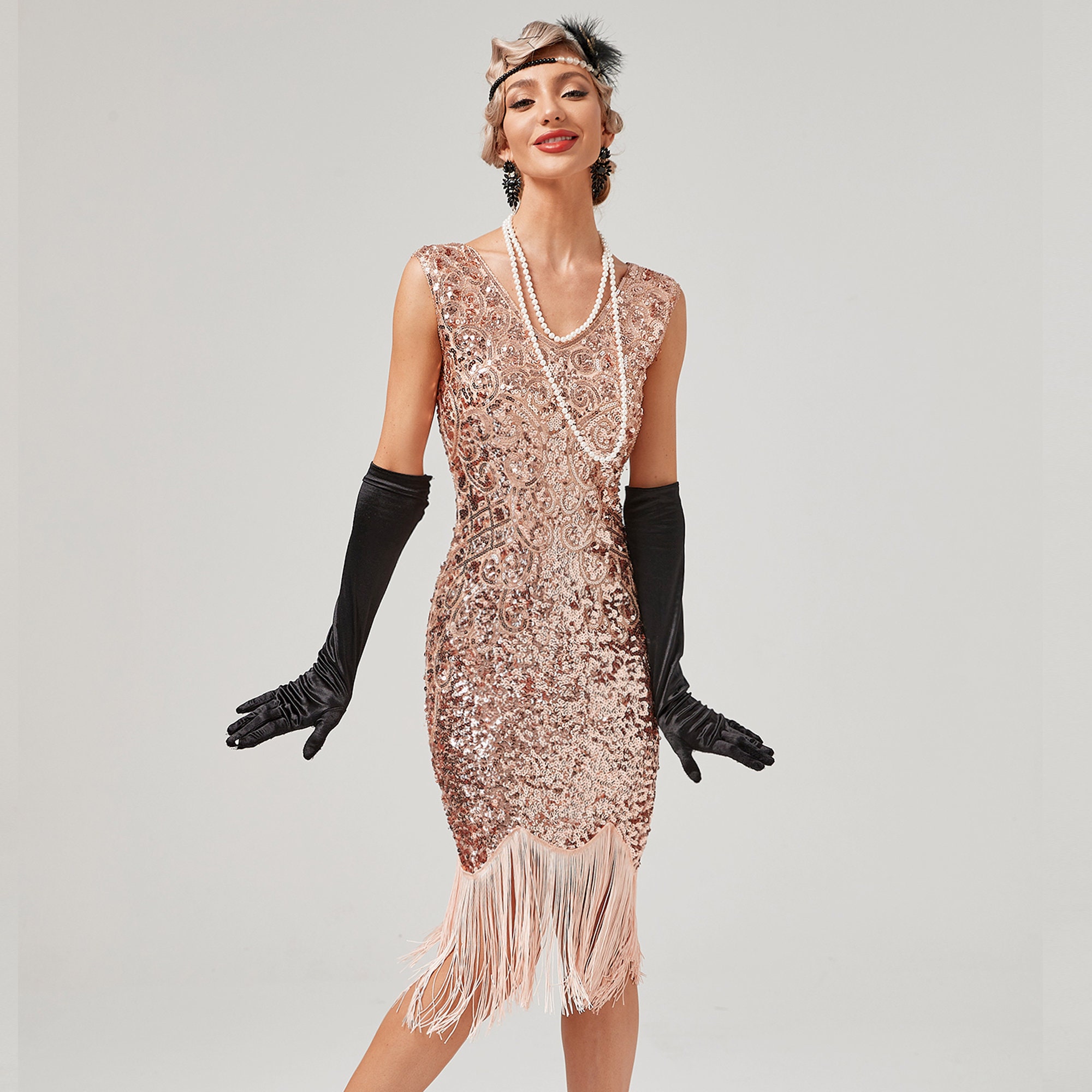 ArtiDeco Abito Charleston Donna Anni '20 Vestiti Anni '20 con Frange Lungo,  Paillettes e Perline in Stile Grande Gatsby Vestiti daCocktail 1920s  Costume Flapper Donna 