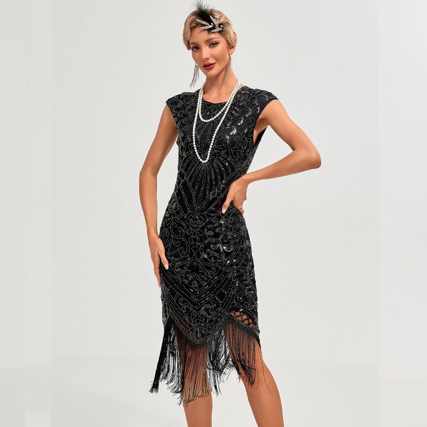 Robe de soirée à franges pour femmes des années 1920 Great Gatsby Flapper 20 Art déco Charleston Downton Abbey