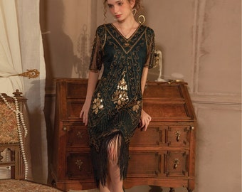 1920s Great Gatsby Flapper Fringe Dress Sequin Cocktail Party Dress beaded Gown Art Deco Downton Abbey Bridesmaid Weddind